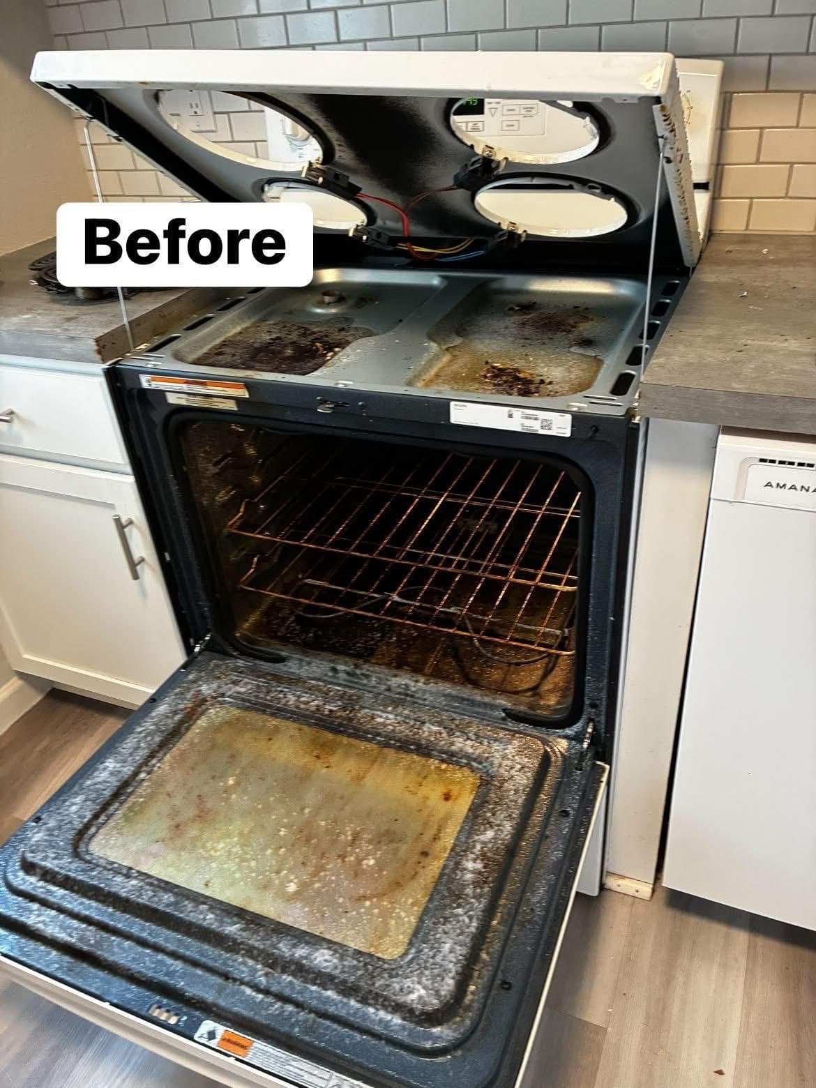 Oven with baked-on grease, before cleaning